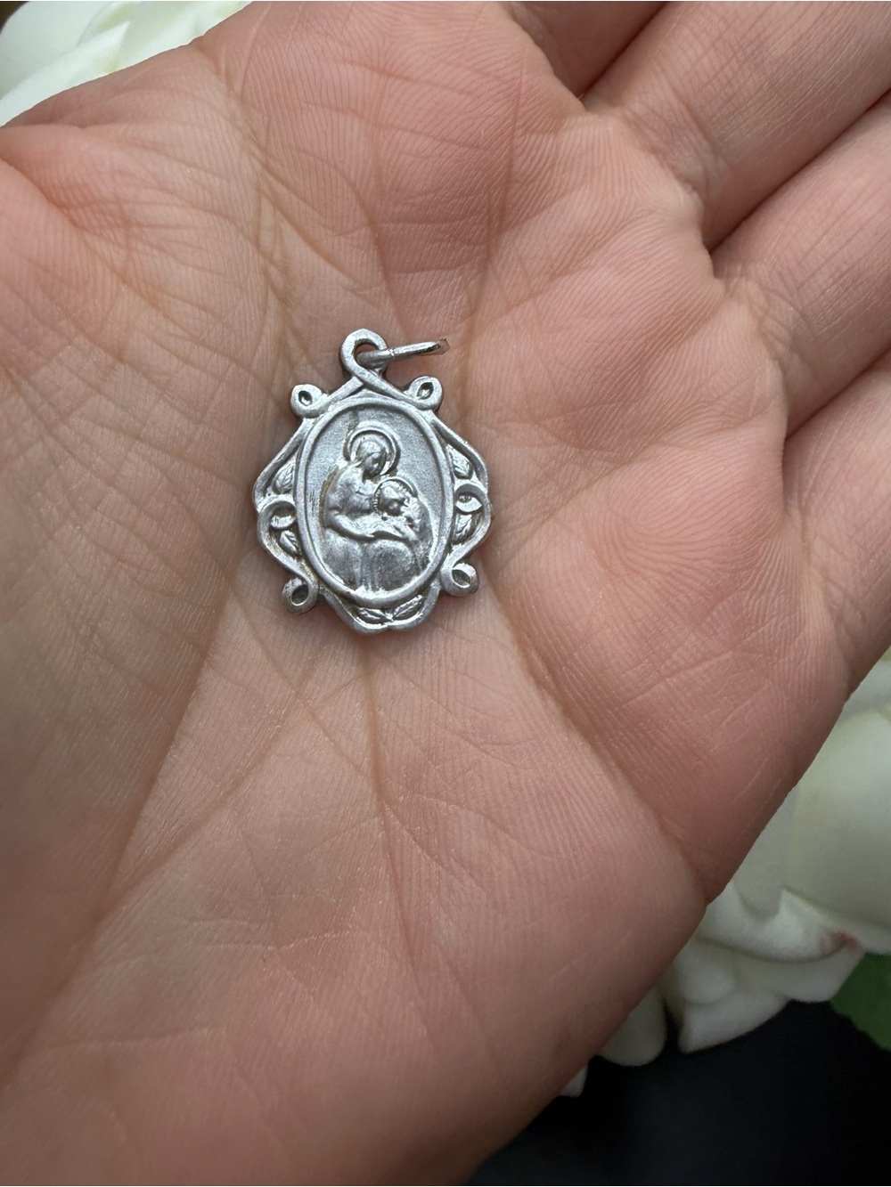 Silver-Tone Madonna and Child Religious Pendant Necklace Charm